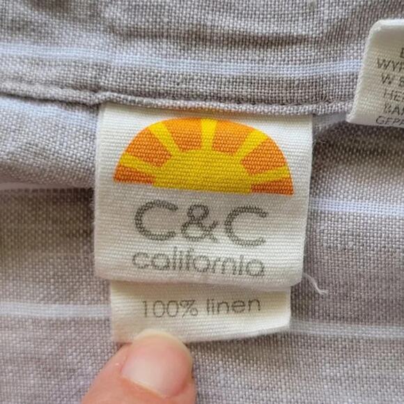 C&C California Long Sleeve Striped Linen Top Tan White Women Size M Round Neck - Picture 7 of 9